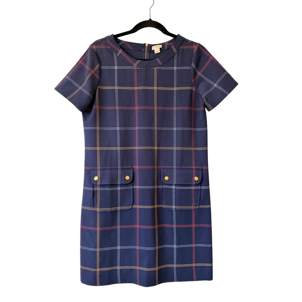 J.Crew Navy Blue Plaid Shift Dress Short Sleeve Gold Zip Pockets G9699 Size 4